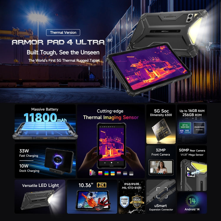 [HK Warehouse] Ulefone Armor Pad 4 Ultra Thermal Version Rugged Tablet, 8GB+256GB, 10.36 inch Android 14 MediaTek Dimensity 6300 Octa Core 5G Network, EU Plug(Black) - Other by Ulefone | Online Shopping South Africa | PMC Jewellery | Buy Now Pay Later Mobicred