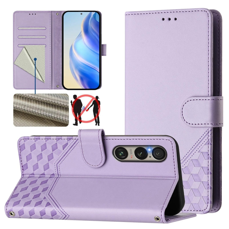 For Sony Xperia 1 VI 2024 Honeycomb Embossing RFID Leather Phone Case(Light Purple) - Sony Cases by PMC Jewellery | Online Shopping South Africa | PMC Jewellery | Buy Now Pay Later Mobicred