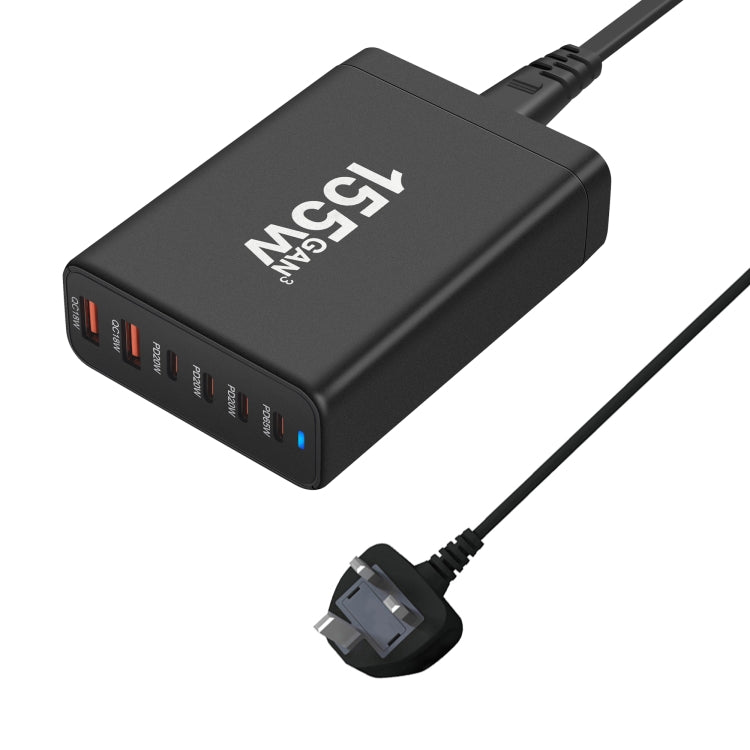 155W 4Type-C, 2USB 6-Ports Desktop Fast Charger, Plug Type:UK Plug(Black) - Multifunction Charger by PMC Jewellery | Online Shopping South Africa | PMC Jewellery | Buy Now Pay Later Mobicred