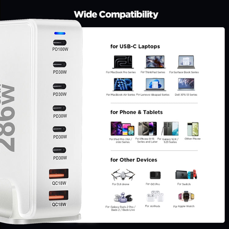 YMX-986 286W 6 Type-C, 2 USB 8-Ports Desktop Fast Charger, Plug Type:UK Plug(White) - Multifunction Charger by PMC Jewellery | Online Shopping South Africa | PMC Jewellery | Buy Now Pay Later Mobicred