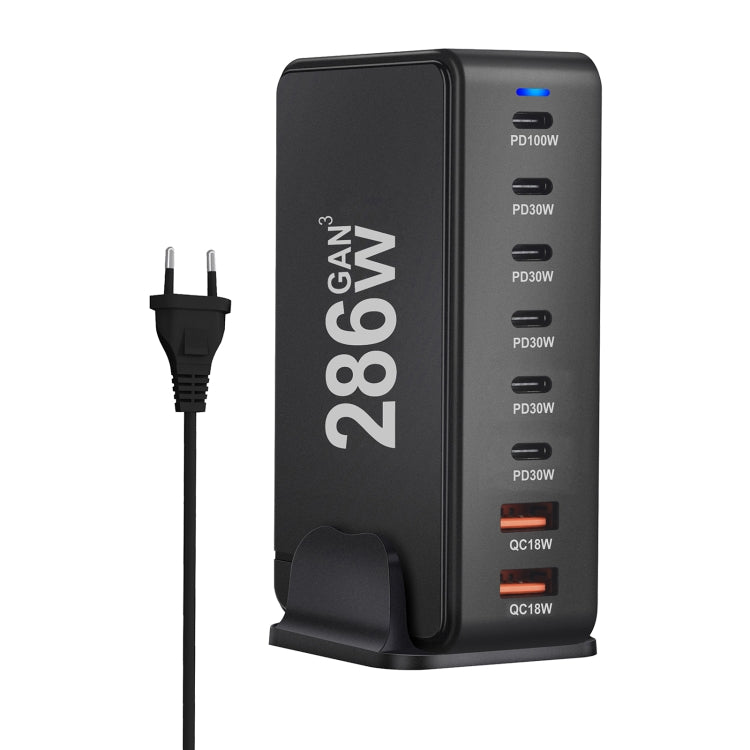 YMX-986 286W 6 Type-C, 2 USB 8-Ports Desktop Fast Charger, Plug Type:EU Plug(Black) - Multifunction Charger by PMC Jewellery | Online Shopping South Africa | PMC Jewellery | Buy Now Pay Later Mobicred