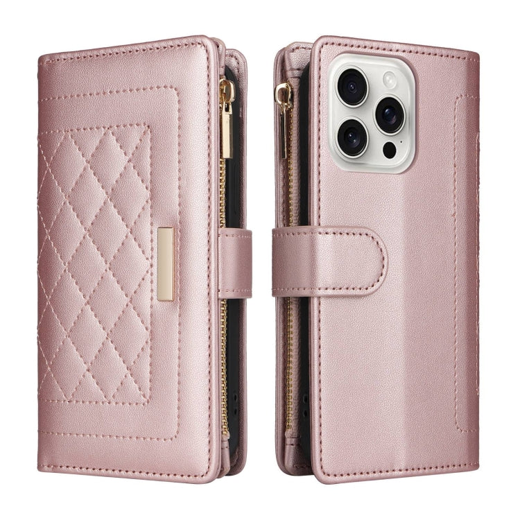 For iPhone 16 Pro Crossbody Zipper Wallet Rhombus Leather Phone Case(Rose Gold) - iPhone 16 Pro Cases by PMC Jewellery | Online Shopping South Africa | PMC Jewellery | Buy Now Pay Later Mobicred