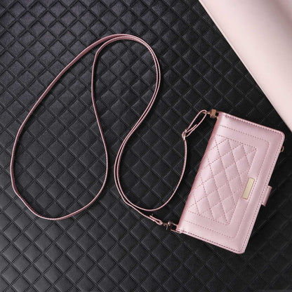 For iPhone 16 Plus Crossbody Zipper Wallet Rhombus Leather Phone Case(Rose Gold) - iPhone 16 Plus Cases by PMC Jewellery | Online Shopping South Africa | PMC Jewellery | Buy Now Pay Later Mobicred