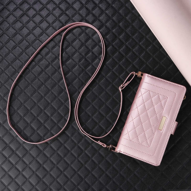 For iPhone 16 Crossbody Zipper Wallet Rhombus Leather Phone Case(Rose Gold) - iPhone 16 Cases by PMC Jewellery | Online Shopping South Africa | PMC Jewellery | Buy Now Pay Later Mobicred