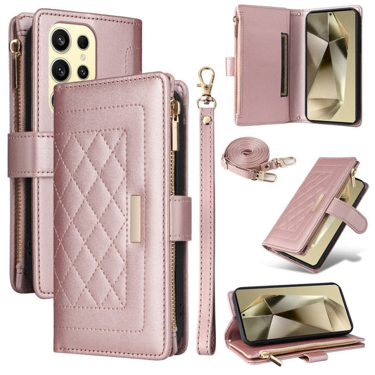 For Samsung Galaxy S24 Ultra 5G Crossbody Zipper Wallet Rhombus Leather Phone Case(Rose Gold) -  by PMC Jewellery | Online Shopping South Africa | PMC Jewellery | Buy Now Pay Later Mobicred