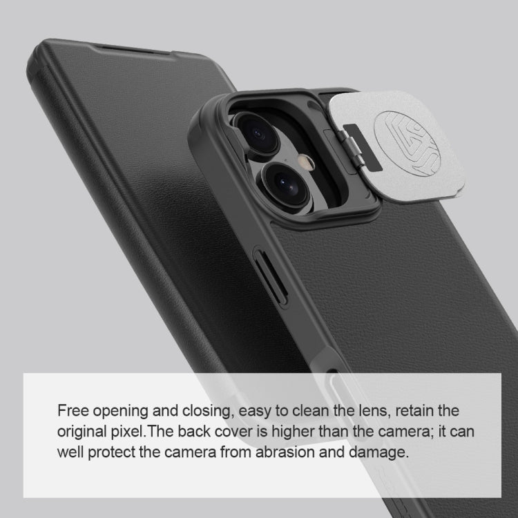 For iPhone 16 NILLKIN Qin Prop Series Flip Camera Cover Design Leather Phone Case(Plain Leather Black) - More iPhone Cases by NILLKIN | Online Shopping South Africa | PMC Jewellery | Buy Now Pay Later Mobicred