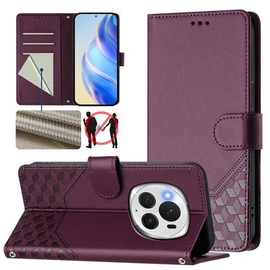 For Honor Magic6 Pro 5G Honeycomb Embossing RFID Leather Phone Case(Violet) - Honor Cases by PMC Jewellery | Online Shopping South Africa | PMC Jewellery | Buy Now Pay Later Mobicred