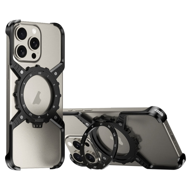 For iPhone 16 Pro Max Mechanical Gear MagSafe Holder Borderless Metal Phone Case(Black) - iPhone 16 Pro Max Cases by PMC Jewellery | Online Shopping South Africa | PMC Jewellery | Buy Now Pay Later Mobicred