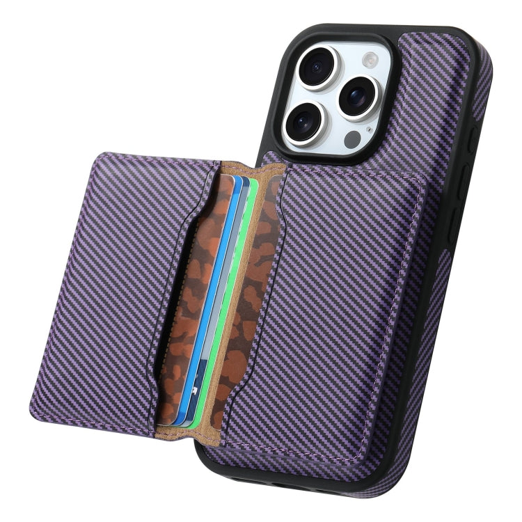 For iPhone 16 Pro Max Denior Carbon Fiber Texture Leather Card Bag MagSafe Phone Case(Purple) - iPhone 16 Pro Max Cases by Denior | Online Shopping South Africa | PMC Jewellery | Buy Now Pay Later Mobicred