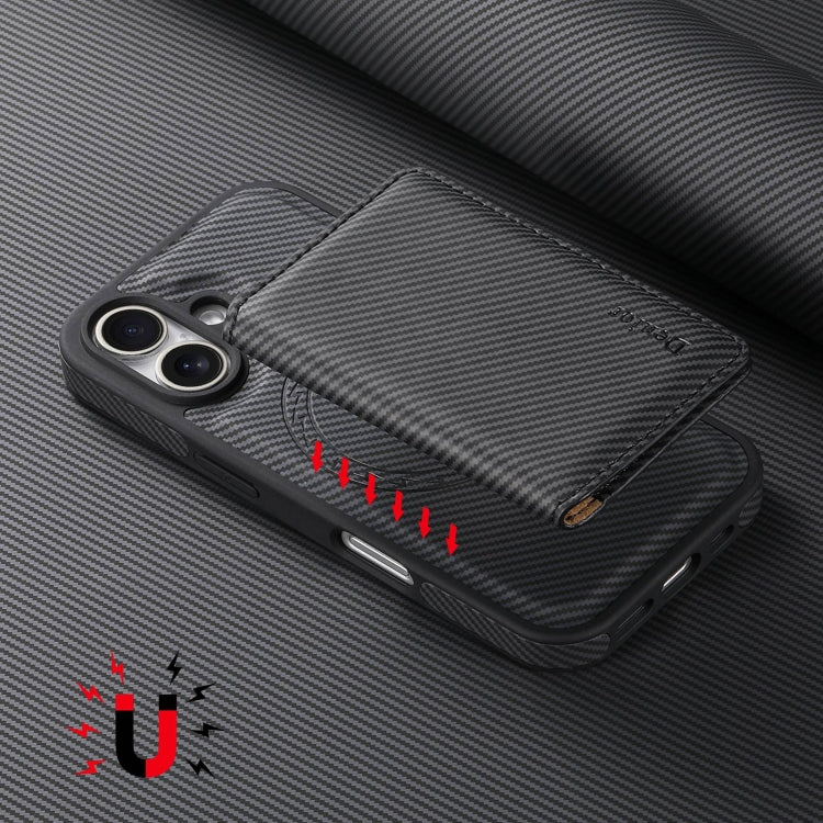 For iPhone 16 Denior Carbon Fiber Texture Leather Card Bag MagSafe Phone Case(Black) - iPhone 16 Cases by Denior | Online Shopping South Africa | PMC Jewellery | Buy Now Pay Later Mobicred