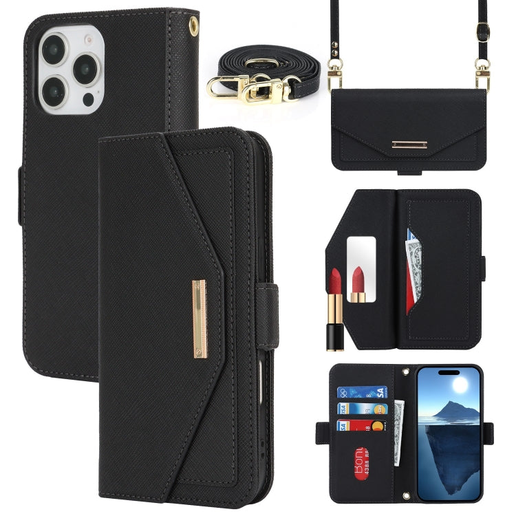 For iPhone 16 Pro Cross Texture Crossbody Lanyard Leather Phone Case(Black) - iPhone 16 Pro Cases by PMC Jewellery | Online Shopping South Africa | PMC Jewellery | Buy Now Pay Later Mobicred