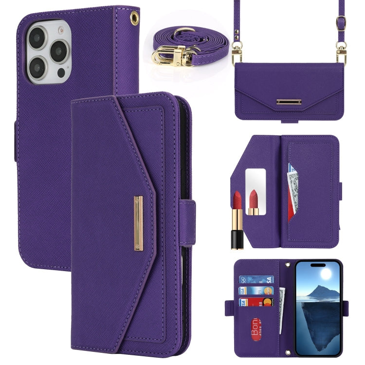 For iPhone 16 Pro Cross Texture Crossbody Lanyard Leather Phone Case(Purple) - iPhone 16 Pro Cases by PMC Jewellery | Online Shopping South Africa | PMC Jewellery | Buy Now Pay Later Mobicred