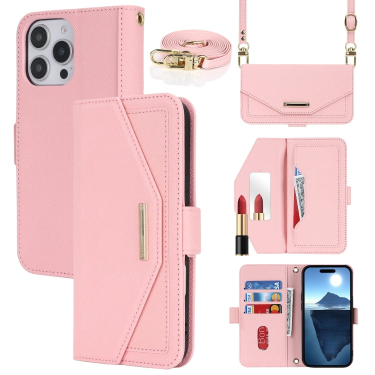 For iPhone 16 Pro Cross Texture Crossbody Lanyard Leather Phone Case(Pink) - iPhone 16 Pro Cases by PMC Jewellery | Online Shopping South Africa | PMC Jewellery | Buy Now Pay Later Mobicred