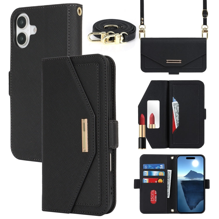 For iPhone 16 Cross Texture Crossbody Lanyard Leather Phone Case(Black) - iPhone 16 Cases by PMC Jewellery | Online Shopping South Africa | PMC Jewellery | Buy Now Pay Later Mobicred