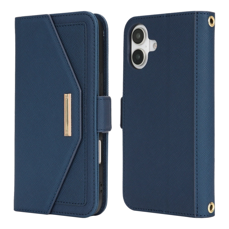 For iPhone 16 Cross Texture Crossbody Lanyard Leather Phone Case(Blue) - iPhone 16 Cases by PMC Jewellery | Online Shopping South Africa | PMC Jewellery | Buy Now Pay Later Mobicred