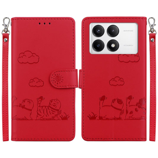 For Redmi K70 / K70 Pro Cute Cats RFID Leather Phone Case(Red) - K70 Cases by PMC Jewellery | Online Shopping South Africa | PMC Jewellery | Buy Now Pay Later Mobicred