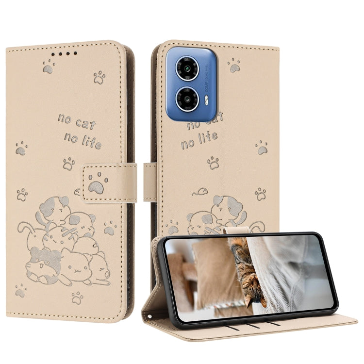 For Motorola Edge 2024 5G Embossed Kitten Phone Leather Case with Lanyard(Beige) - Motorola Cases by PMC Jewellery | Online Shopping South Africa | PMC Jewellery | Buy Now Pay Later Mobicred