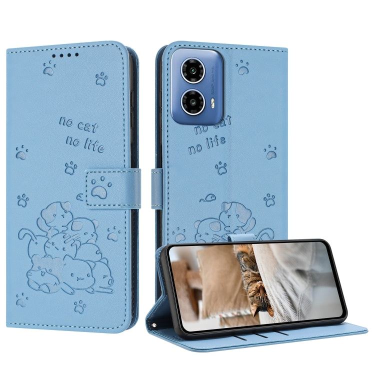 For Motorola Edge 2024 5G Embossed Kitten Phone Leather Case with Lanyard(Blue) - Motorola Cases by PMC Jewellery | Online Shopping South Africa | PMC Jewellery | Buy Now Pay Later Mobicred