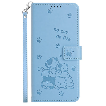 For Motorola Edge 2024 5G Embossed Kitten Phone Leather Case with Lanyard(Blue) - Motorola Cases by PMC Jewellery | Online Shopping South Africa | PMC Jewellery | Buy Now Pay Later Mobicred