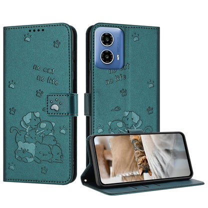 For Motorola Edge 2024 5G Embossed Kitten Phone Leather Case with Lanyard(Dark Green) - Motorola Cases by PMC Jewellery | Online Shopping South Africa | PMC Jewellery | Buy Now Pay Later Mobicred