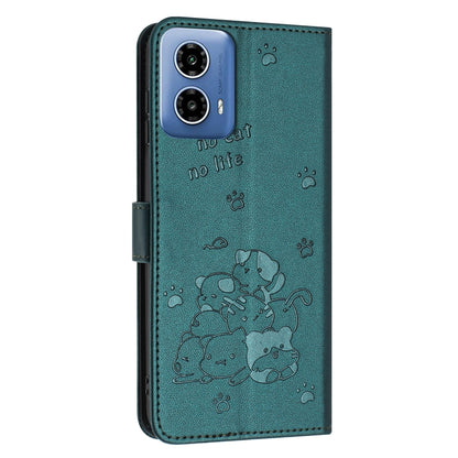 For Motorola Edge 2024 5G Embossed Kitten Phone Leather Case with Lanyard(Dark Green) - Motorola Cases by PMC Jewellery | Online Shopping South Africa | PMC Jewellery | Buy Now Pay Later Mobicred