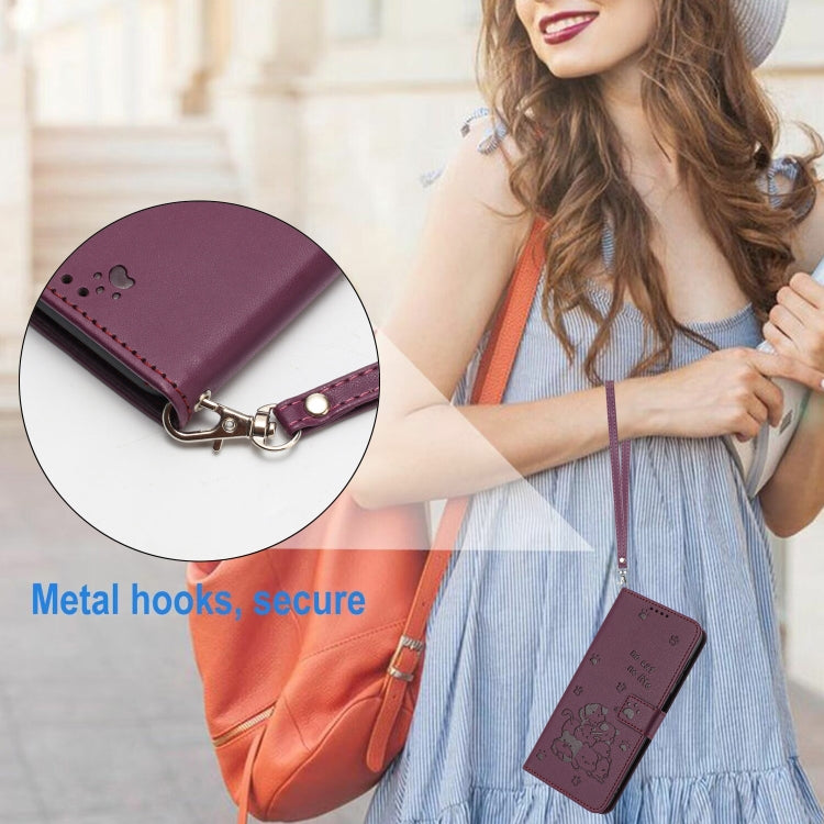 For Motorola Edge 2024 5G Embossed Kitten Phone Leather Case with Lanyard(Wine Red) - Motorola Cases by PMC Jewellery | Online Shopping South Africa | PMC Jewellery | Buy Now Pay Later Mobicred