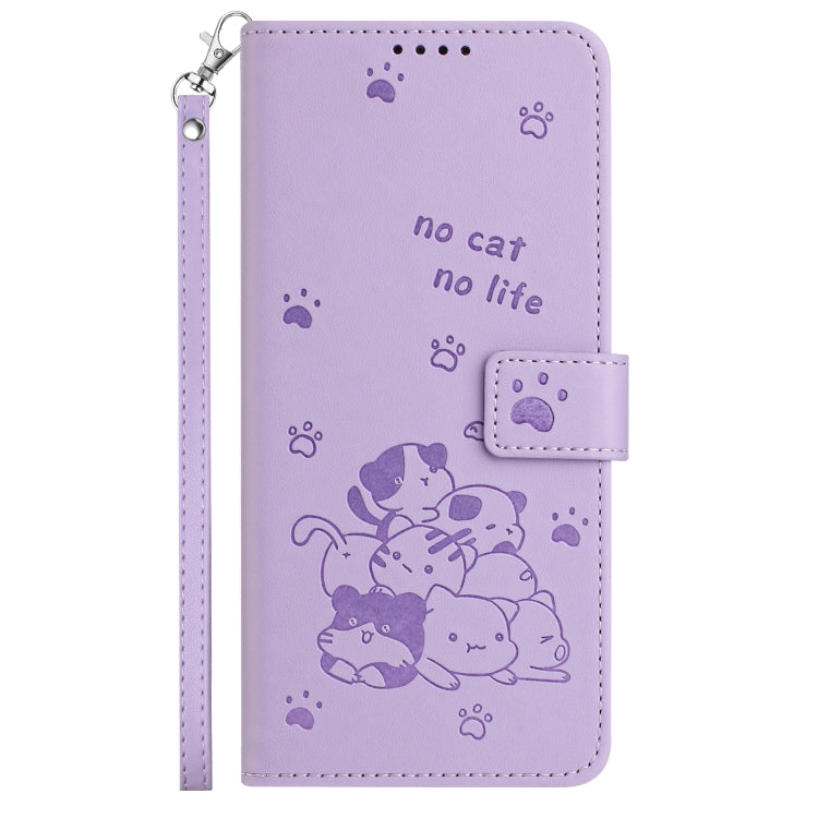 For Motorola Moto G 5G 2024 Embossed Kitten Phone Leather Case with Lanyard(Purple) - Motorola Cases by PMC Jewellery | Online Shopping South Africa | PMC Jewellery | Buy Now Pay Later Mobicred