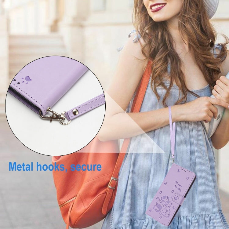 For Motorola Moto G 5G 2024 Embossed Kitten Phone Leather Case with Lanyard(Purple) - Motorola Cases by PMC Jewellery | Online Shopping South Africa | PMC Jewellery | Buy Now Pay Later Mobicred