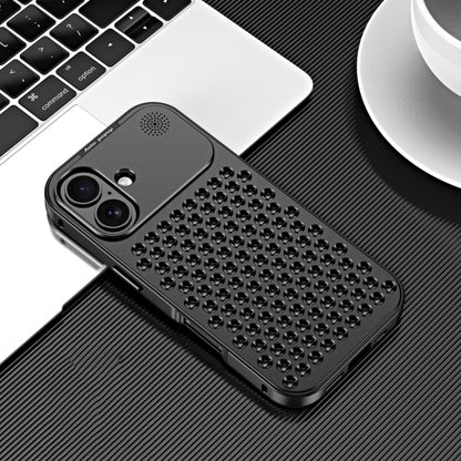 For iPhone 16 R-JUST RJ58 Aromatherapy Metal Cooling Phone Case(Black) - iPhone 16 Cases by R-JUST | Online Shopping South Africa | PMC Jewellery | Buy Now Pay Later Mobicred