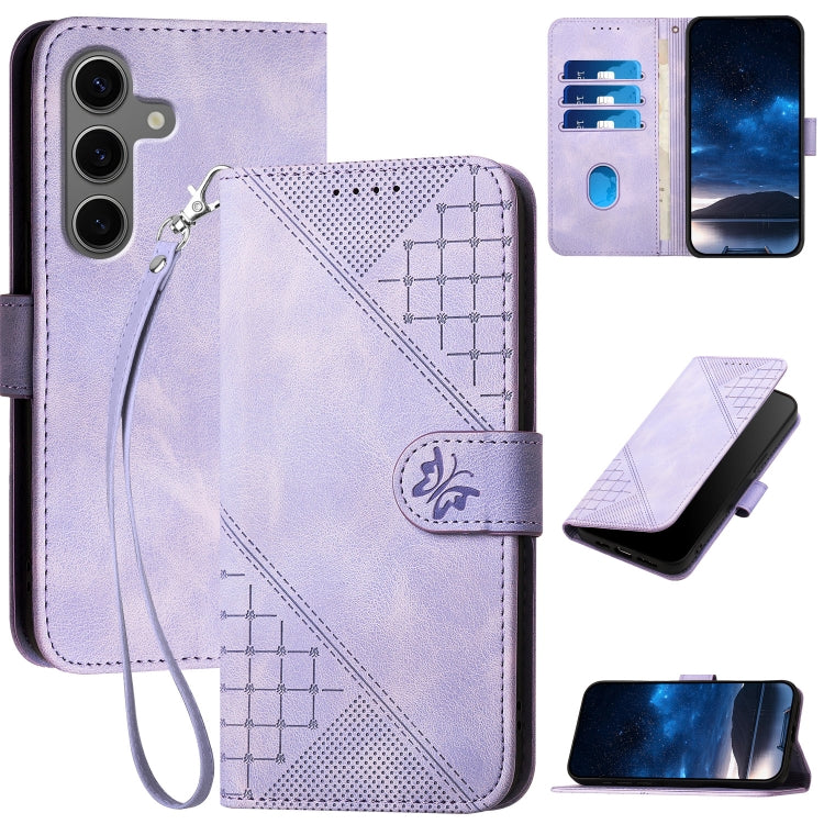 For Samsung Galaxy S25+ 5G YX0080 Grid Butterfly Embossed Pattern Flip Leather Phone Case with Lanyard(Light Purple) - Galaxy S25+ 5G Cases by PMC Jewellery | Online Shopping South Africa | PMC Jewellery | Buy Now Pay Later Mobicred