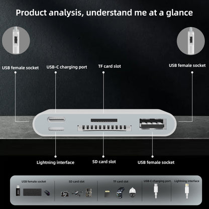 NK-1055TL Pro USB-C / Type-C, 8 Pin, USB to USB-C / Type-C, 8 Pin, 3 x USB, TF / SD Card Multi-function Adapter(White) - U Disk & Card Reader by PMC Jewellery | Online Shopping South Africa | PMC Jewellery | Buy Now Pay Later Mobicred