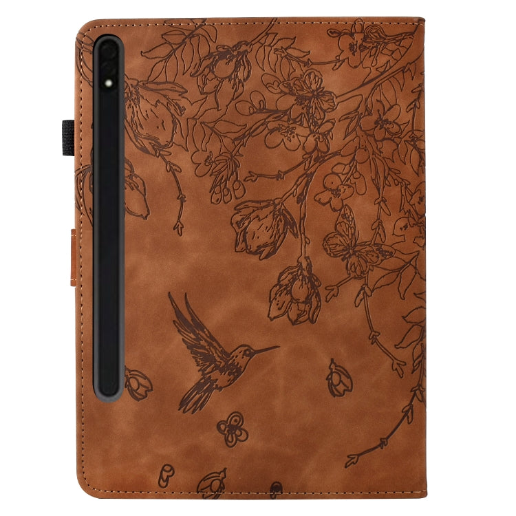 For Samsung Galaxy Tab S9 Flowers and Bird Embossed Smart Leather Tablet Case(Brown) - Galaxy Tab S9 Cases by PMC Jewellery | Online Shopping South Africa | PMC Jewellery | Buy Now Pay Later Mobicred