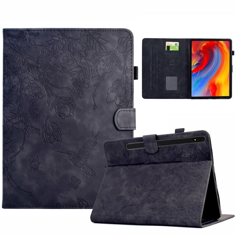 For Samsung Galaxy Tab S9 Flowers and Bird Embossed Smart Leather Tablet Case(Black) - Galaxy Tab S9 Cases by PMC Jewellery | Online Shopping South Africa | PMC Jewellery | Buy Now Pay Later Mobicred