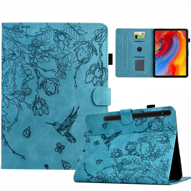 For Samsung Galaxy Tab S9 Flowers and Bird Embossed Smart Leather Tablet Case(Light Blue) - Galaxy Tab S9 Cases by PMC Jewellery | Online Shopping South Africa | PMC Jewellery | Buy Now Pay Later Mobicred