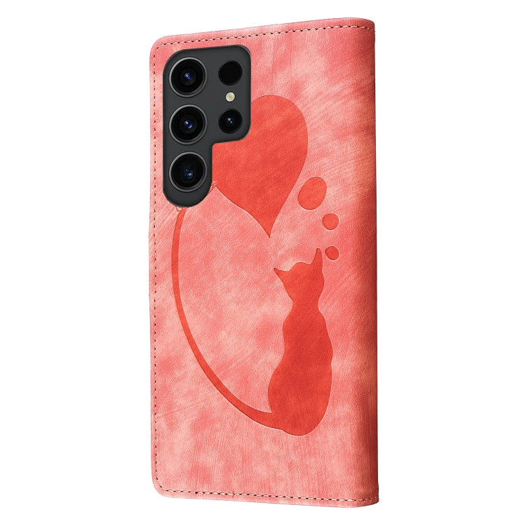 For Samsung Galaxy S25 Ultra 5G Pen Heart Cat Embossed Leather Phone Case(Orange) - Galaxy S25 Ultra 5G Cases by PMC Jewellery | Online Shopping South Africa | PMC Jewellery | Buy Now Pay Later Mobicred