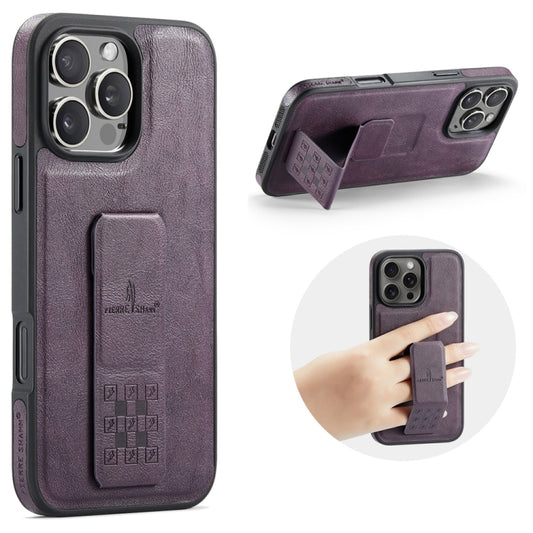 For iPhone 16 Pro Fierre Shann Oil Wax Cow Leather Holder Back Phone Case(Purple) - iPhone 16 Pro Cases by FIERRE SHANN | Online Shopping South Africa | PMC Jewellery | Buy Now Pay Later Mobicred