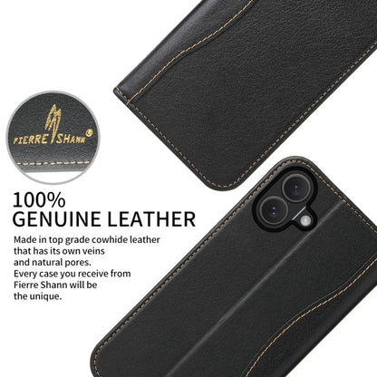 For iPhone 16 Plus Fierre Shann Cowhide Leather Flip Leather Phone Case(Black) - iPhone 16 Plus Cases by FIERRE SHANN | Online Shopping South Africa | PMC Jewellery | Buy Now Pay Later Mobicred