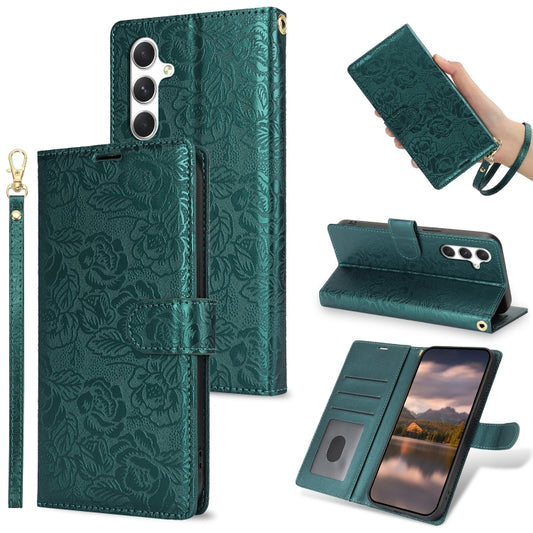 For Samsung Galaxy S25 5G Peony Flowers Imprint Leather Phone Case(Green) - Galaxy S25 5G Cases by PMC Jewellery | Online Shopping South Africa | PMC Jewellery | Buy Now Pay Later Mobicred