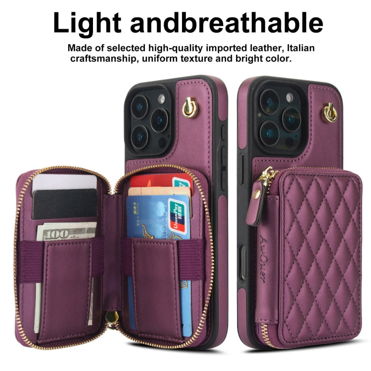 For iPhone 16 Pro AwQuer Crossbody Zipper Wallet Rhombic Leather Back Phone Case(Dark Purple) - iPhone 16 Pro Cases by Awquer | Online Shopping South Africa | PMC Jewellery | Buy Now Pay Later Mobicred