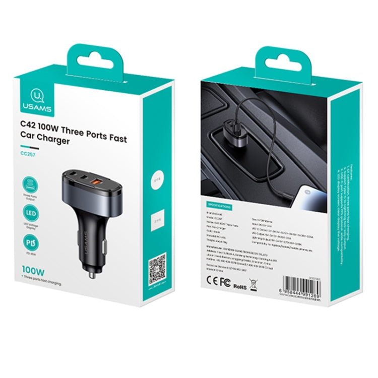 USAMS CC257 C42 100W USB, Type-C, 8 Pin Three Ports Car Fast Charger(Black) - Car Charger by USAMS | Online Shopping South Africa | PMC Jewellery | Buy Now Pay Later Mobicred