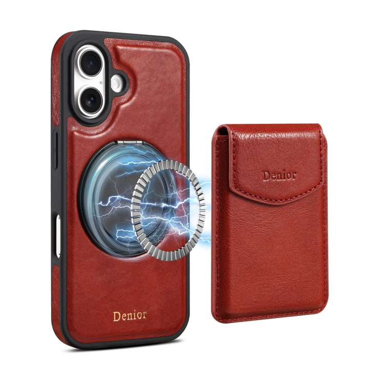 For iPhone 16 Plus Denior D22 Genuine Leather MagSafe Holder Detachable Card Slot Phone Case(Brown) - iPhone 16 Plus Cases by Denior | Online Shopping South Africa | PMC Jewellery | Buy Now Pay Later Mobicred