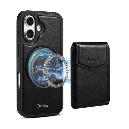 For iPhone 16 Denior D22 Genuine Leather MagSafe Holder Detachable Card Slot Phone Case(Black) - iPhone 16 Cases by Denior | Online Shopping South Africa | PMC Jewellery | Buy Now Pay Later Mobicred