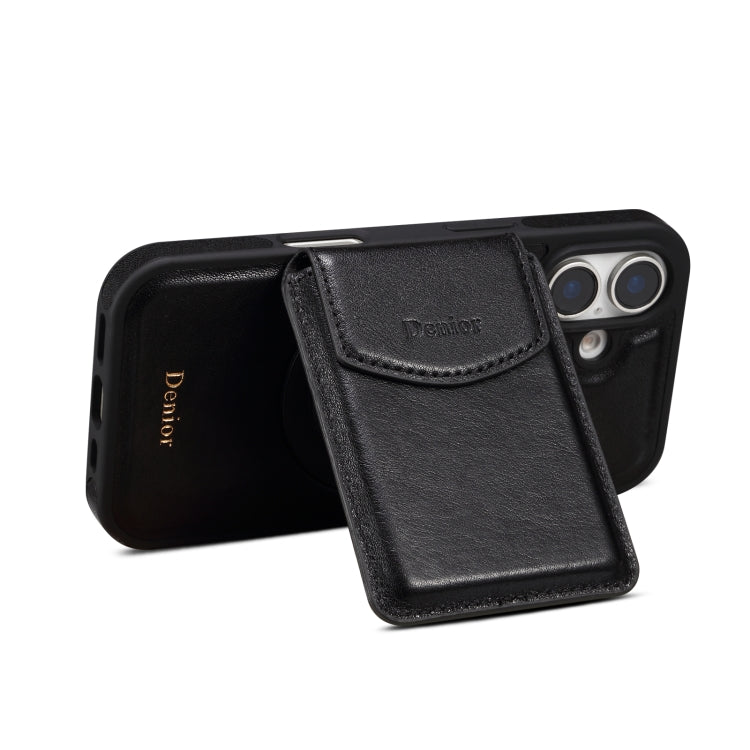 For iPhone 16 Denior D22 Genuine Leather MagSafe Holder Detachable Card Slot Phone Case(Black) - iPhone 16 Cases by Denior | Online Shopping South Africa | PMC Jewellery | Buy Now Pay Later Mobicred