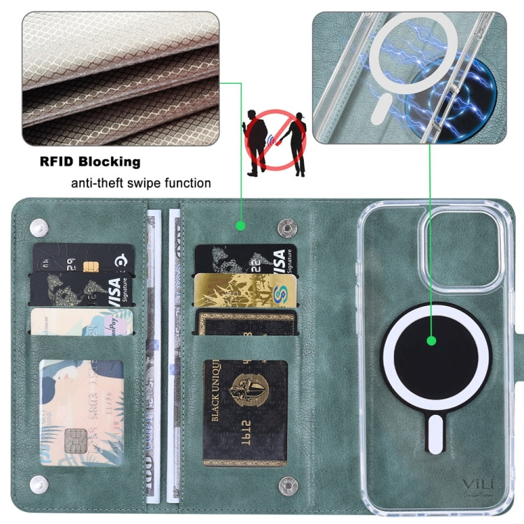 For iPhone 16 Pro Max ViLi GVS-C Series MagSafe Magnetic RFID Leather Flip Phone Case(Green) - iPhone 16 Pro Max Cases by ViLi | Online Shopping South Africa | PMC Jewellery | Buy Now Pay Later Mobicred