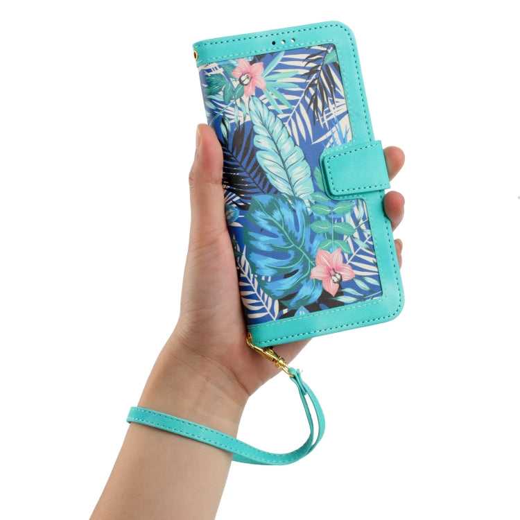 For Samsung Galaxy S25 Ultra 5G Floral Pattern Leather Phone Case with Lanyard(Green) - Galaxy S25 Ultra 5G Cases by PMC Jewellery | Online Shopping South Africa | PMC Jewellery | Buy Now Pay Later Mobicred