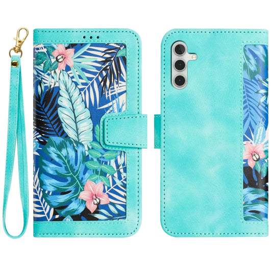 For Samsung Galaxy S25 5G Floral Pattern Leather Phone Case with Lanyard(Green) - Galaxy S25 5G Cases by PMC Jewellery | Online Shopping South Africa | PMC Jewellery | Buy Now Pay Later Mobicred