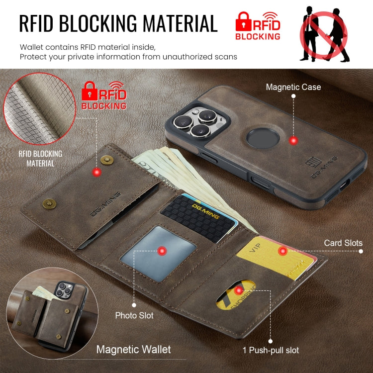 For iPhone 16 Pro DG.MING M6 Series RFID Tri-fold Card Bag Removable Leather Phone Case(Coffee) - iPhone 16 Pro Cases by DG.MING | Online Shopping South Africa | PMC Jewellery | Buy Now Pay Later Mobicred