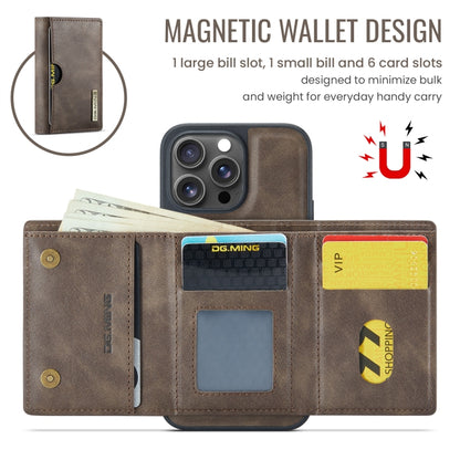 For iPhone 16 Pro DG.MING M6 Series RFID Tri-fold Card Bag Removable Leather Phone Case(Coffee) - iPhone 16 Pro Cases by DG.MING | Online Shopping South Africa | PMC Jewellery | Buy Now Pay Later Mobicred