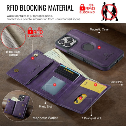 For iPhone 16 Pro DG.MING M6 Series RFID Tri-fold Card Bag Removable Leather Phone Case(Purple) - iPhone 16 Pro Cases by DG.MING | Online Shopping South Africa | PMC Jewellery | Buy Now Pay Later Mobicred