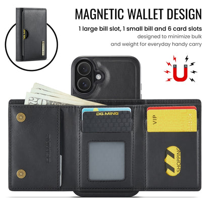 For iPhone 16 Plus DG.MING M6 Series RFID Tri-fold Card Bag Removable Leather Phone Case(Black) - iPhone 16 Plus Cases by DG.MING | Online Shopping South Africa | PMC Jewellery | Buy Now Pay Later Mobicred